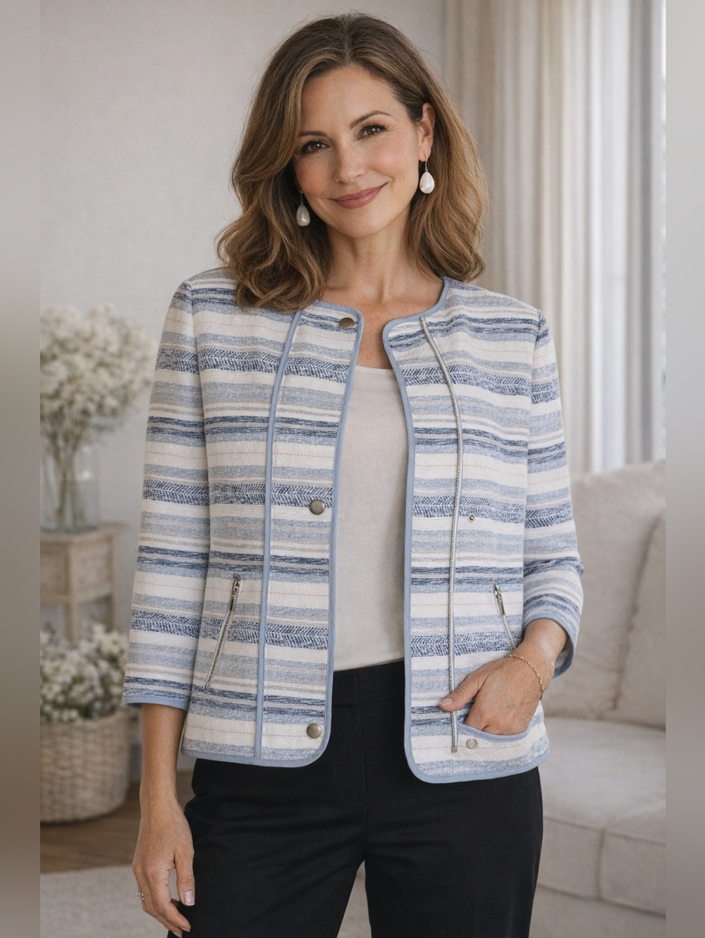 Chico’s Blue White Striped Textured Jacket Blazer Size 1 Medium